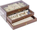 Wooden Jewelry Box for Women, 3-Layer Jewelry Organizers and Storage with 3 Drawers & Velvet Trays, Large Earring Holder, Nec