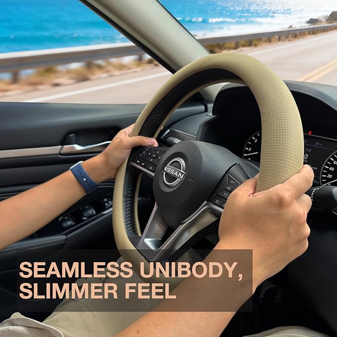 PINCTROT D Shaped Nappa Leather Steering Wheel Cover, Slim Fit No Bulk Design, One Piece Leather with Breathable Perforation,