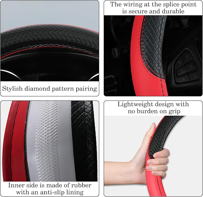 Black & Red Car Steering Wheel Cover, Microfiber, Leather Patchwork, Universal 14.5-15 Inch Leather Anti-Slip Breathable Auto