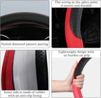 Black & Red Car Steering Wheel Cover, Microfiber, Leather Patchwork, Universal 14.5-15 Inch Leather Anti-Slip Breathable Auto