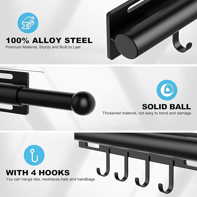 Valet Rod for Closet Retractable with 4 Hooks, 13.4"-23.2" Pull Out Clothes Hanger Rail, Heavy Duty Alloy Steel Side Mount Wa