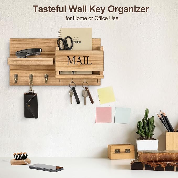 Lwenki Mail Organizer for Wall Mount – Key Holder with Shelf Includes Letter Holder and Hooks for Hallway Farmhouse Decor – R