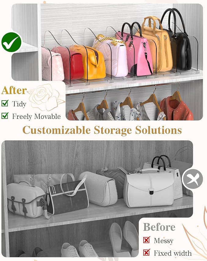 SURETIVIAN Rose Purse Dividers for Closet, 2 Pack Clear Clutch Purse Closet Organizers, Adjustable Handbag Storage Organizers