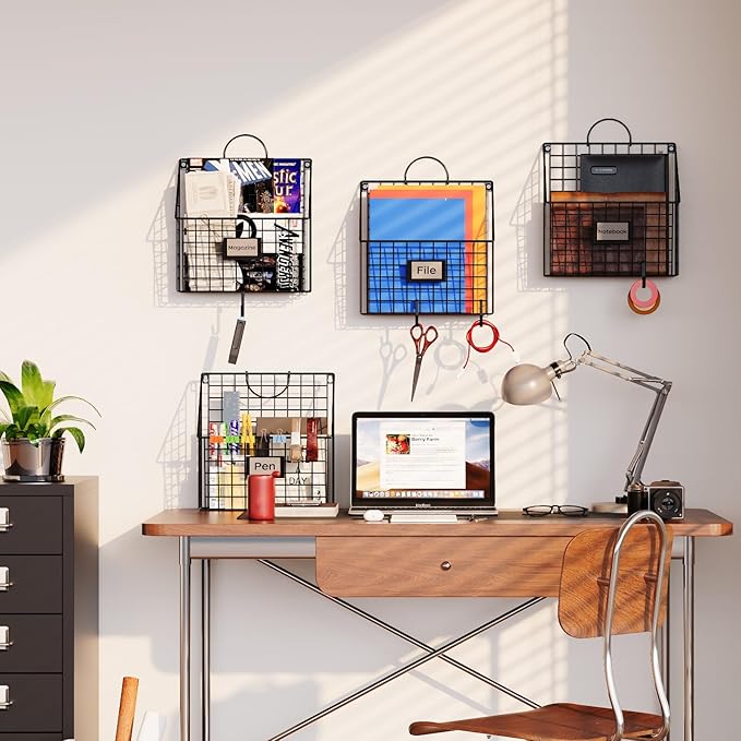 Yuzehuaza Hanging Wall File Holder Organizer Metal Wall Mount File Folders Holder Magazine Rack with Handles and Hooks , for 