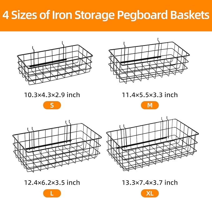 4 Pack Pegboard Baskets Hooks Set, Square Style 4 Size Peg Board Organizer Basket Bins Accessories for Workbench,Garage Stora