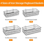 4 Pack Pegboard Baskets Hooks Set, Square Style 4 Size Peg Board Organizer Basket Bins Accessories for Workbench,Garage Stora