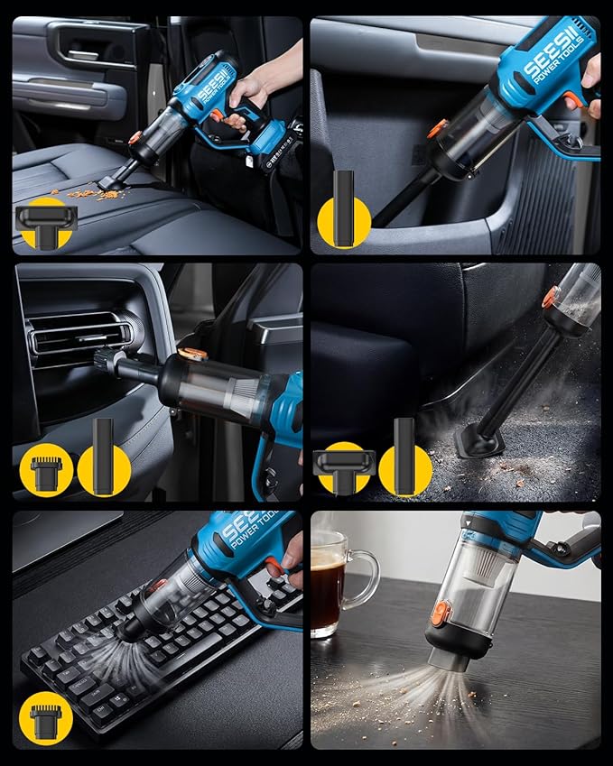 SEESII 3-in-1 Tire Inflator: Portable Air Compressor & Car Vacuum Cordless & Led Work Light with 2×2000mAh Batteries, 21V Tire Air Pump 150PSI w/Digital Gauge+Auto-Shutoff for Ball/Bike/Car/Home
