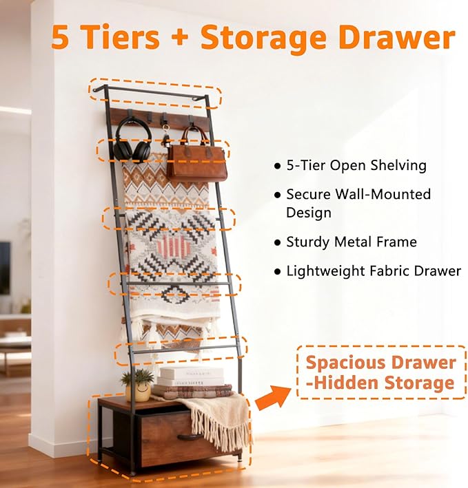 Metal Blanket Ladder with Storage Drawer, 5 Tier Rustic Blanket Rack with Hooks for Living Room, Bedroom, Farmhouse Decor – 5