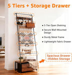 Metal Blanket Ladder with Storage Drawer, 5 Tier Rustic Blanket Rack with Hooks for Living Room, Bedroom, Farmhouse Decor – 5