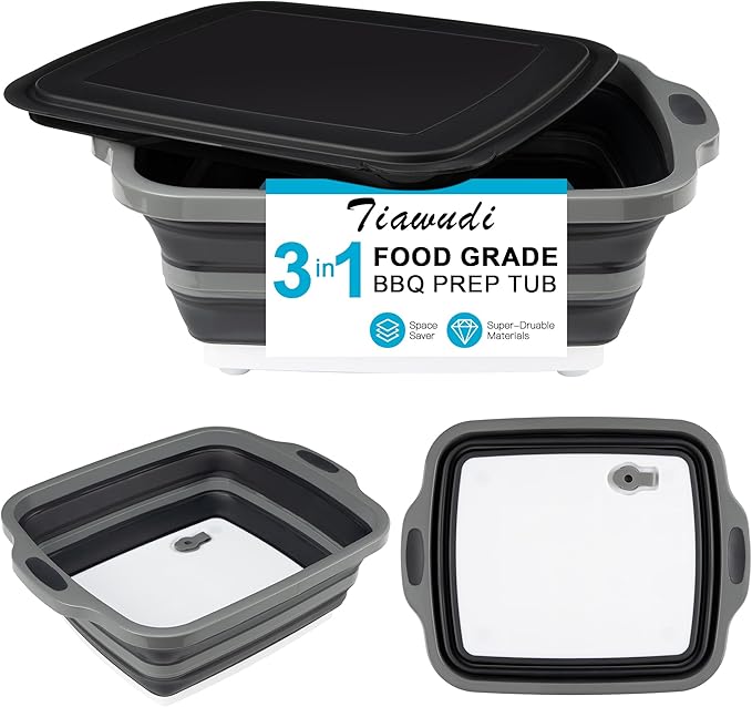 Collapsible Cutting Board with Container, Foldable Camping Sink with Colander, BBQ Prep Tub with Lid, Multifunction Dish Basi