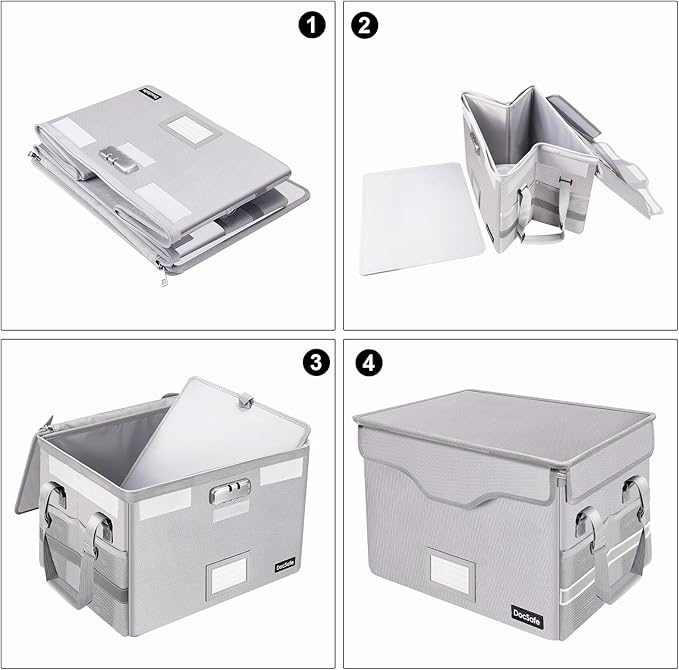DocSafe Fireproof Document Box with Lock,File Storage Organizer with Zipper Pockets,Collapsible Portable File Box Home Office