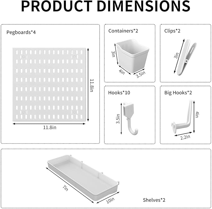 SHGJ&SOFT Peg Board Wall Organizer Panels, 22pcs - Includes 4 White Pegboards & Accessories, Plastic Pegboard for Home，Office
