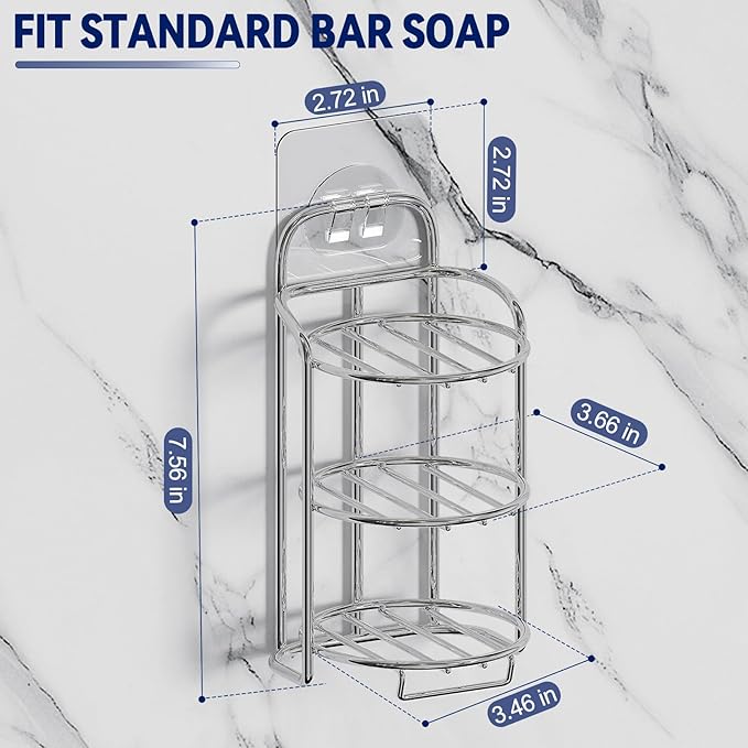 Silver 3-Tier Shower Soap Shampoo Bar Holder, Self Adhesive & Freestanding Draining Soap Dish Caddy for Bathroom Wall Accesor