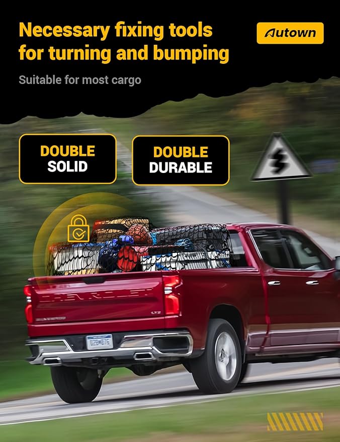 AUTOWN Cargo Net for Pickup Truck Bed - Stretchable 4'x4' to 7'x7', High Elastic Fine Mesh 1''x1'' with 8 Metal Carabiners - Ideal for ATV, SUV, UTV, Truck and Boat Use (Double Layer)