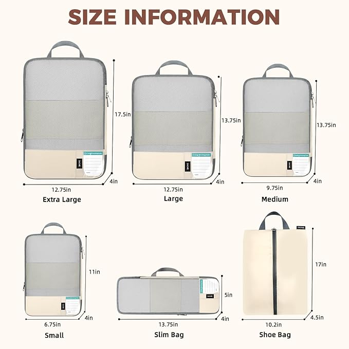 BAGAIL 6 Set Lightweight Compression Packing Cubes with Packing List, Anti-Tearing Expandable Organizer Bags for Travel, Beig