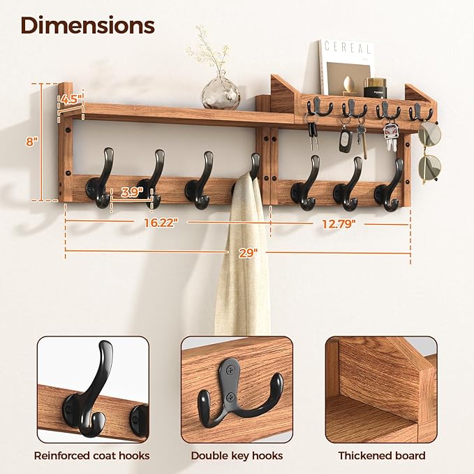 Evermagin 29" Coat Rack Wall Mount with Shelf, 4 in 1 Wall Mounted Coat and Key Hanger with 11 Hooks, Entryway Key Holder wit
