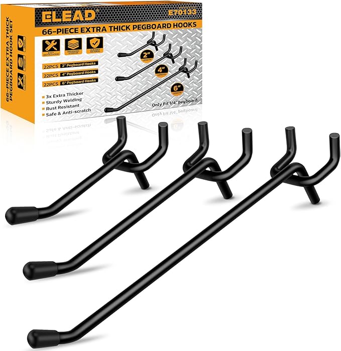 ELEAD 66-Piece 2/4/6 Inch Extra Thick Pegboard Hooks, Heavy Duty Peg Board Organizer Accessories, Peg Board Tool Hangers Fit 
