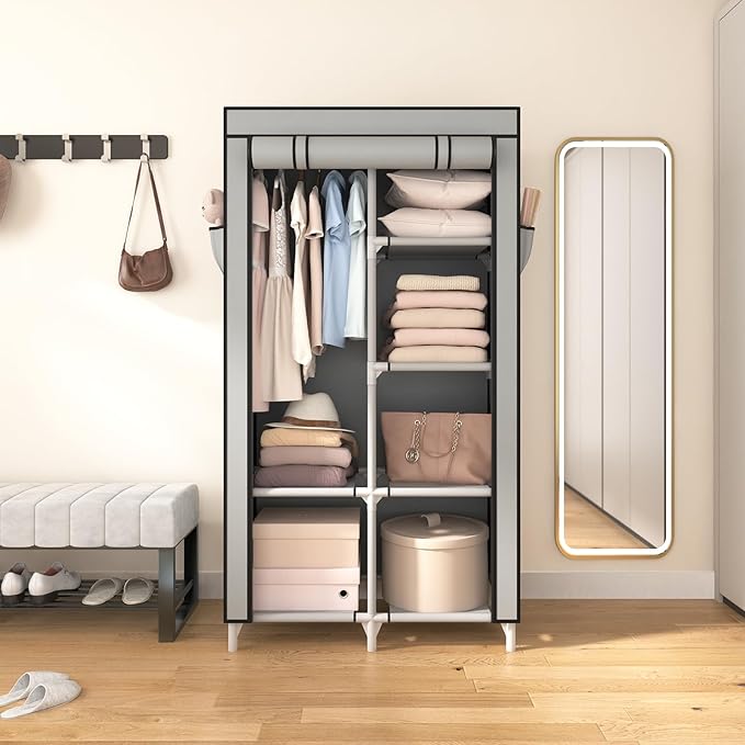 ROJASOP Portable Closet Wardrobe Closet for Hanging Clothes with 6 Storage Shelves, 1 Hanging Rod and 4 Pockets, Clothes Orga