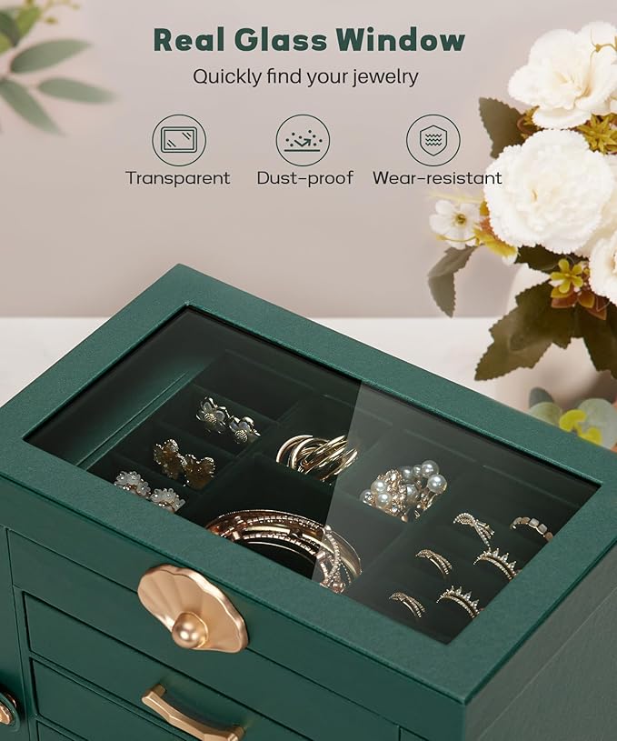 Enthralite Jewelry Box with 4 Drawers: Display Organizer for Earrings Necklaces - Gifts for Girls Women (Forest Green)