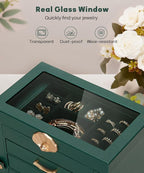 Enthralite Jewelry Box with 4 Drawers: Display Organizer for Earrings Necklaces - Gifts for Girls Women (Forest Green)