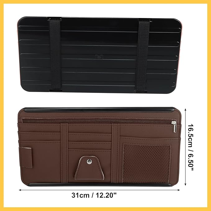 PU Leather Car Sun Visor Organizer Glasses Holder Auto Accessories Pocket Organizer with Panel Back Brown Auto Replacement Parts
