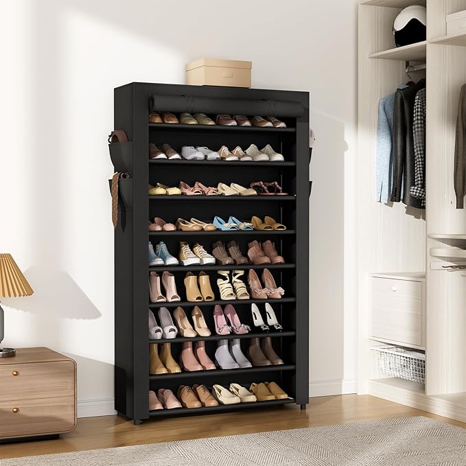 VILICK Shoe Rack with Cover Narrow Shoe Organizer with Pockets 10 Tier Tall Shoe Storage Holds 36-41 Pairs Shoes and Boots Sh