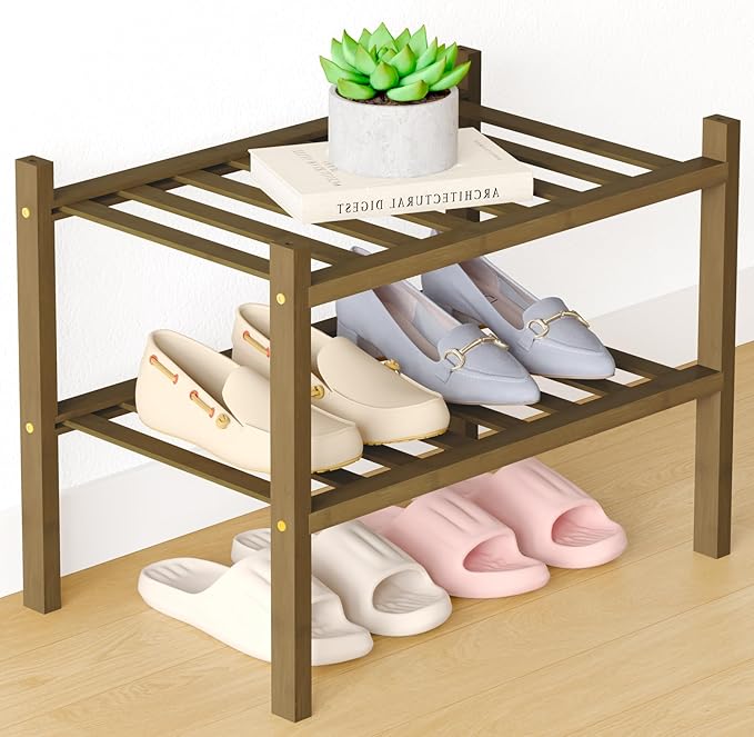 Smiry Bamboo Shoe Rack for Closet, 2 Tier Small Wooden Stackable Shoe Organizer, Free Standing Shoes Storage Shelf for Entryw