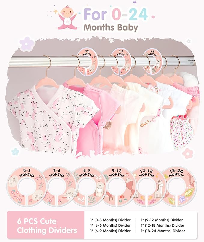 VIS'V Baby Hangers, 11 Inch Velvet Kids Hangers with 6 Pcs Clothes Size Dividers, Infant Toddler Nursery Closet Organization,