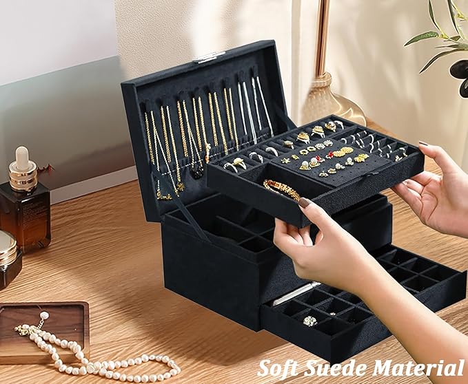 QBestry Jewelry Box for Women with Drawer, 3-Layer Large Jewelry Organizer with Lock & Key, 8 Necklace Hooks & 56 Earring Hol