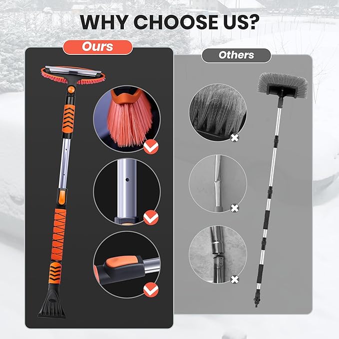 SINTIKI 43" Ice Scrapers for Car Windshield and Snow Shovel Kit, Extendable Snow Brush for Truck with EVA Grip, 180° Pivoting Brush Head Detachable Snow Scraper for Car, SUV, Truck Auto
