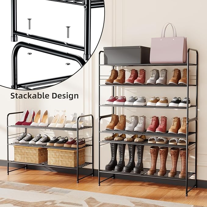 SUFAUY 3-Tier Shoe Rack, Closet Metal 33" Wide Shoe Rack Organizer Heavy Duty, Stackable, Black