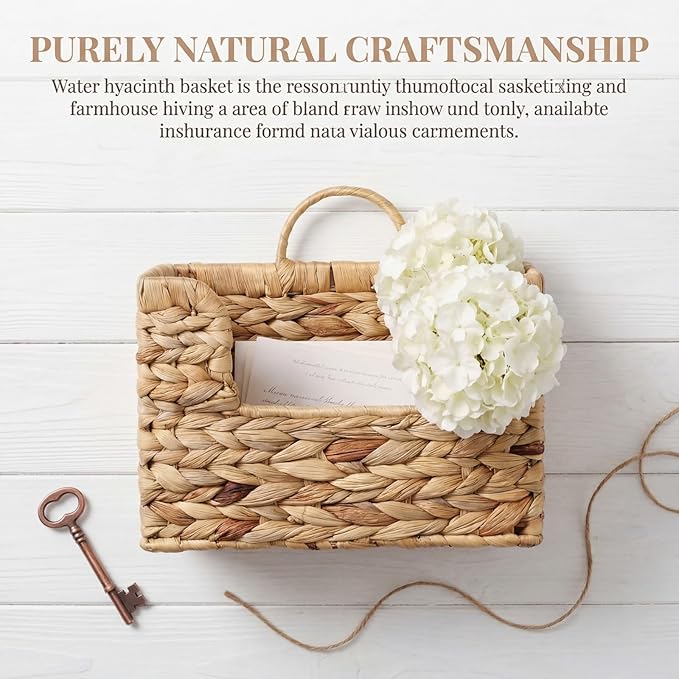Handwoven Water Hyacinth Wall Basket Storage with Non-Trace Nails - Decorative Hanging Magazine File Holder & Mail Organizer 