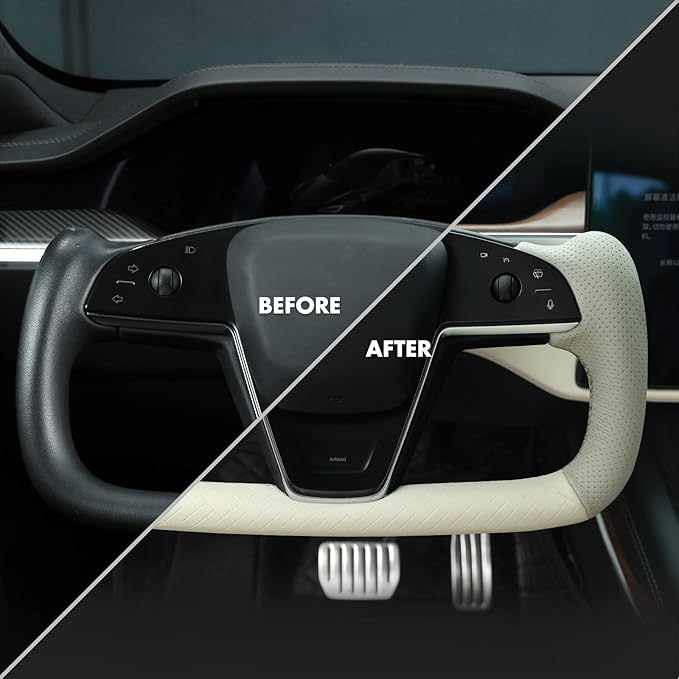 MEWANT Steering Wheel Cover for Yoke Style Steering Wheel for Tesla Model S 2021-2023 / Model X 2021-2023 Hand-Stitched Steering Wrap