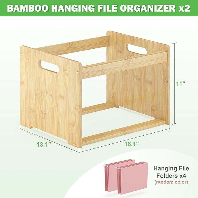 Hanging File Organizer Box for Letter Size, 2 Pack Bamboo File Folder Organizer, Storage Moving Boxes with Handle Wood Desk F