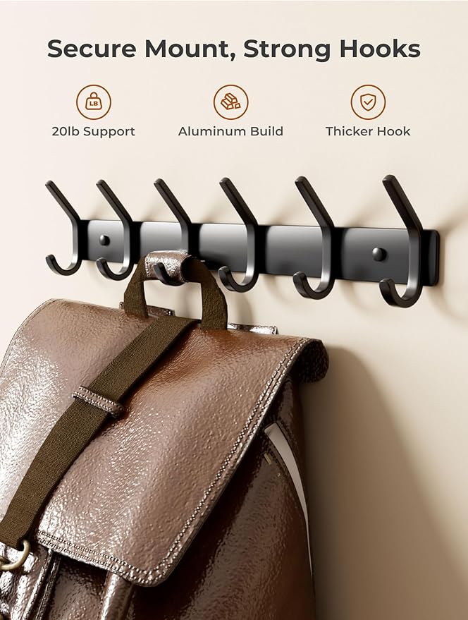 GWAAZXGZ Coat Rack Wall Mount Hooks - 15 Inch Matte Black Metal 6-Hook Organizer Wall Mounted, Modern Kids Room, Entryway & B