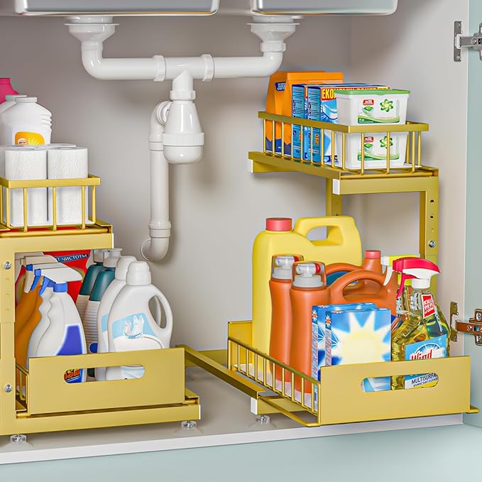 Under Sink Organizer, 2-Tier Premium Metal Pull-Out Racks with Adjustable Height, Heavy Duty Sliding Bin for Bathroom and Kit