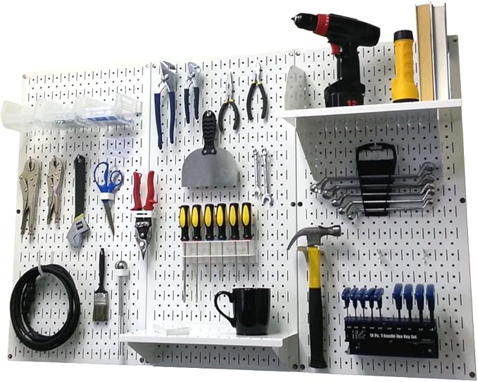 Wall Control 4 ft. Metal Pegboard Organizer - Standard Tool Storage Kit & Deluxe Hook Assortment for Slotted Tool Board - Whi