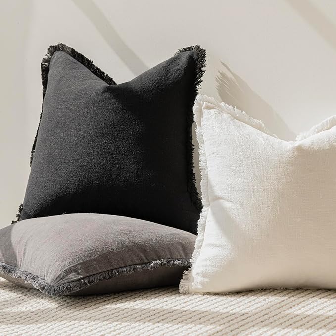 Foindtower Set of 2 Decorative Linen Fringe Throw Pillow Covers Cozy Farmhouse Boho Cushion Cover with Tassels Soft Accent Pi