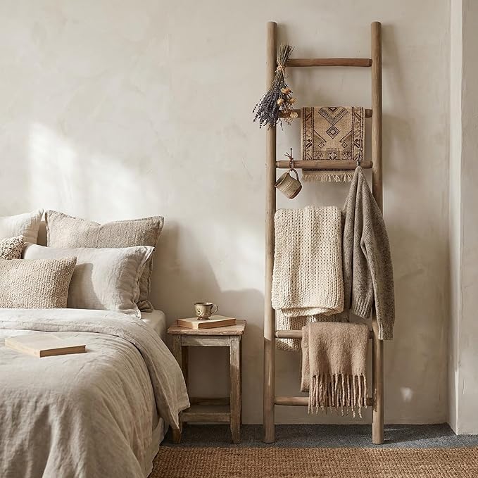 Wooden Blanket Ladder - 76in Natural Wood Color- Leaning Wall Decor for Bedroom, Bathroom, Living Room - Rustic Quilt Holder 