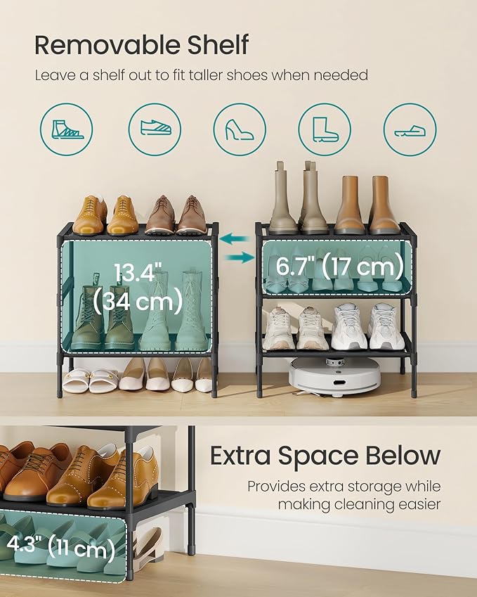 SONGMICS Shoe Rack, 3-Tier Shoe Storage Organizer, Space-Saving, 11.7 x 16.5 x 19.1 Inches, Entryway, Metal Frame, Non-Woven 