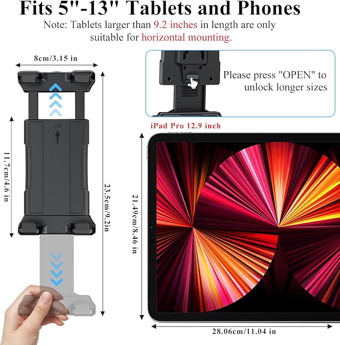 OHLPRO Car Tablet Holder - Heavy Duty Drill Base, Tablet Mount for Truck Compatible with iPad Samsung Tab 5"-13" Tablets and Phones, iPad Stand for Wall/Business/Vehicle/Desktop, etc.-4-inch Arm