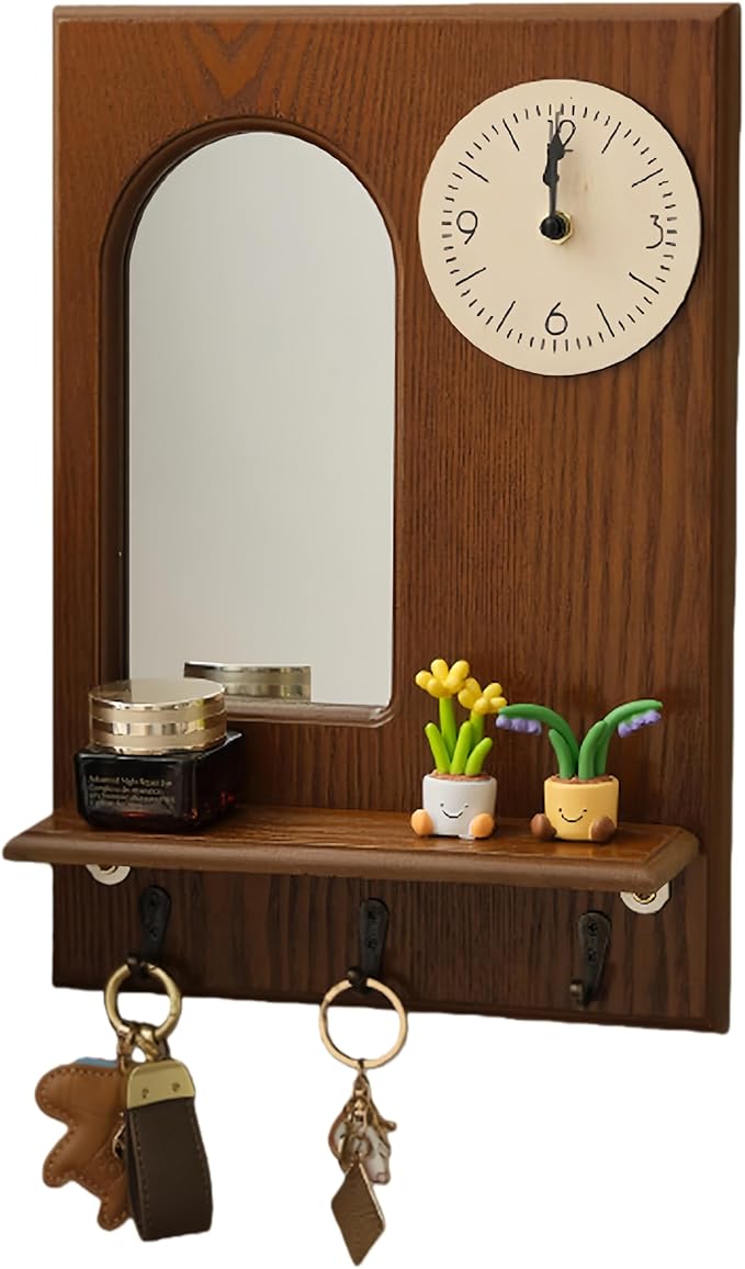 Vintage Wooden Wall Mirror with Clock & Key Holder Wall Mount - Space-Saving Hooks Design for Bedroom Entryway Decor