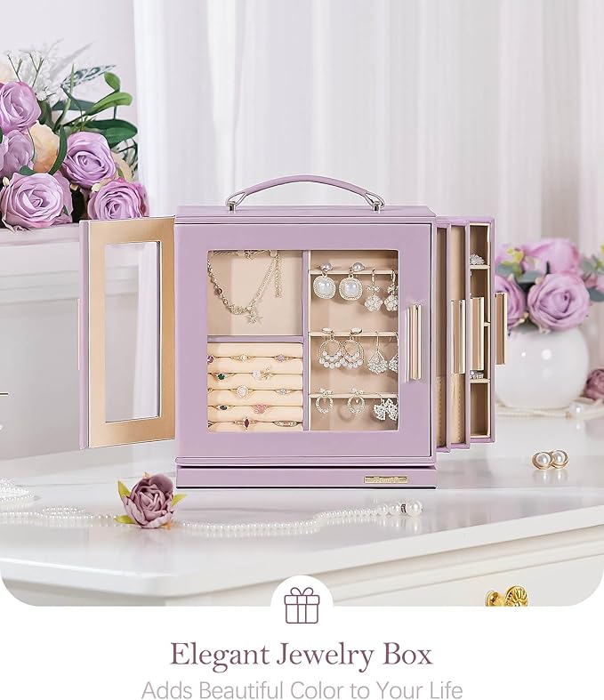 Homde Jewelry Box 360° Rotating, Necklace Earring Organizer with Transparent Window, Mirror, 7 Drawers, Large Ring Display St