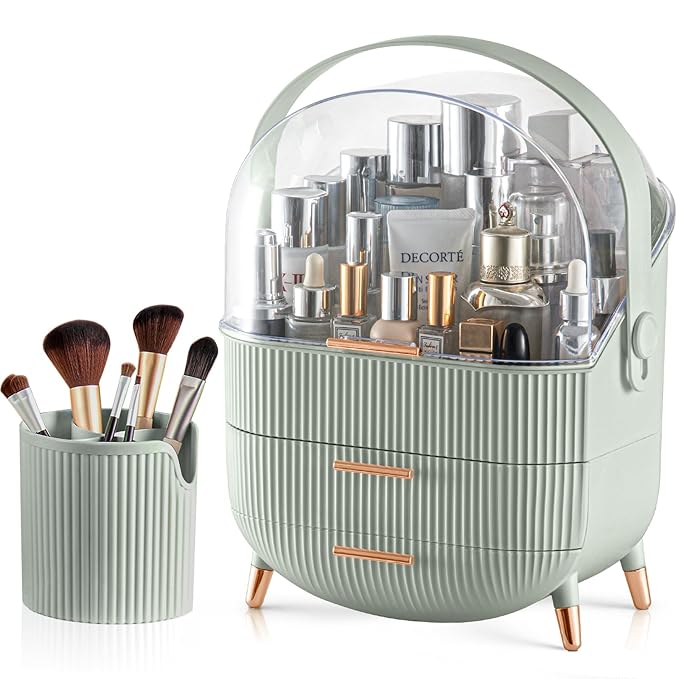 CANITORON Makeup Organizer with 2 Drawers and Brush Storage Box, Cosmetic Display Case for Vanity and Bathroom Countertop Sto