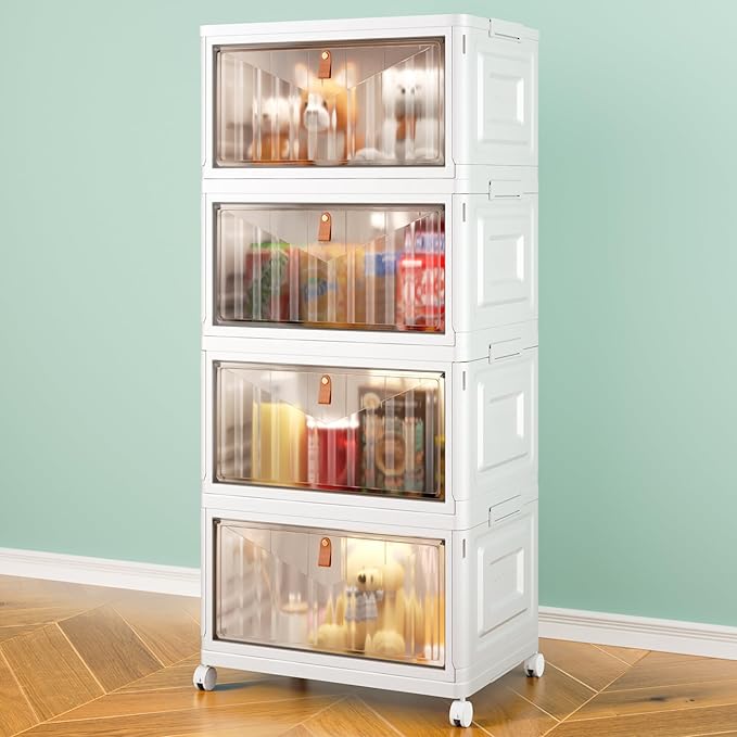 4 Tier Storage Bins with Lids, 23QT Stackable Closet Organizers and Storage with Wheels, Collapsible Storage Boxes, Foldable 