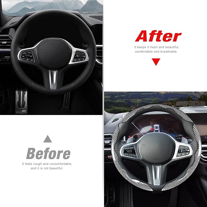 Car Steering Wheel Cover Set Bright Carbon Fiber Wrap Non-Slip 3pcs Steering Wheel Accessories 14.5-15 inch Universal (Silver)