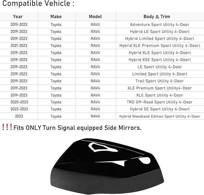 Moonlinks Compatible with Toyota RAV4 2019 2020 2021 2022 2023 2024 Left Side Mirror Cover Replacement, Glossy Black Exterior Left Driver Side Door Rearview Mirror Cap Trim for RAV4 LH