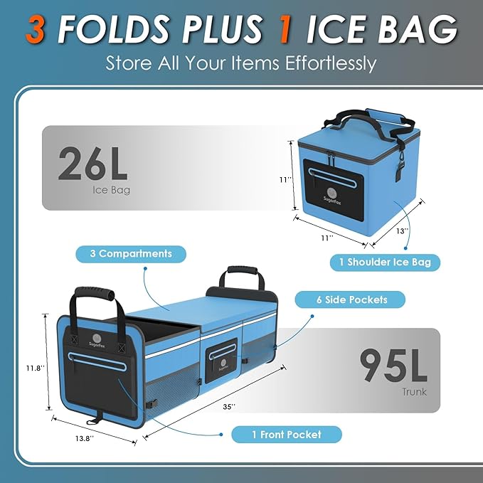 95L Car Trunk Organizer & Storage With 26L Ice Pack, Waterproof Foldable | Trunk Organizers for SUVs & Cars, Car Storage Organ
