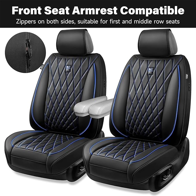 CAR PASS Luxury PU Leather Two Front Car Seat Covers, Waterproof Seat Covers Compatible with Front Seat Armrests, Airbag Comp