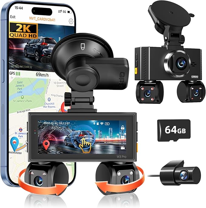 360° View 4 Channel Dash Cam Front and Rear, Dash Camera for Car with 3.16" IPS Touch Screen, 8 IR Night Vision, 5G WiFi&GPS,